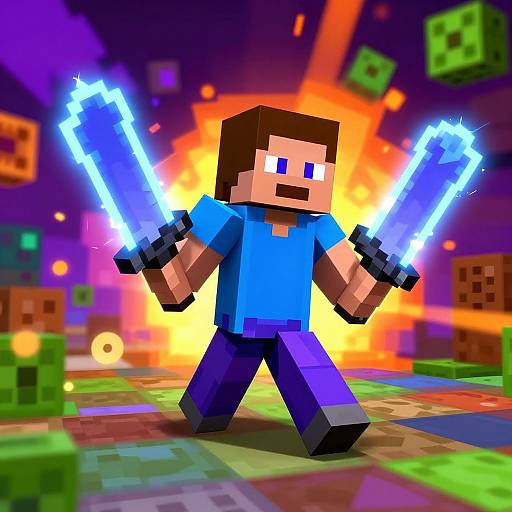 Pixel art of a Minecraft character in a blue shirt wielding two glowing blue swords, set against a colorful, explosive background.