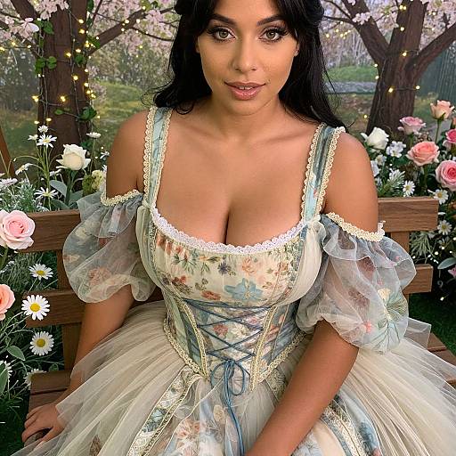 Photograph of a beautiful woman with long black hair, fair skin, and large breasts, wearing a floral, off-shoulder, tulle dress