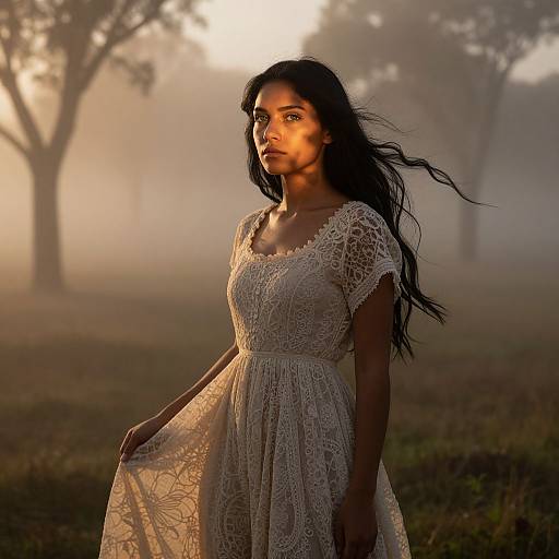 Photograph of a beautiful Indian woman with long black hair, wearing a white lace dress, standing in a misty, sunlit forest.