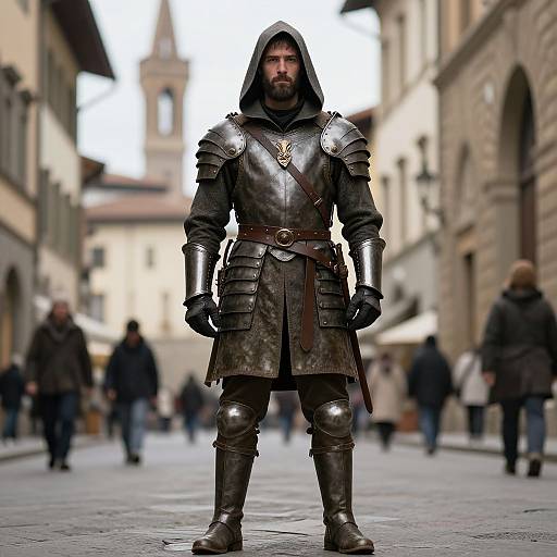 Photorealistic CGI of a muscular bearded man in dark medieval armor with hood, standing confidently in a busy, blurred European street.