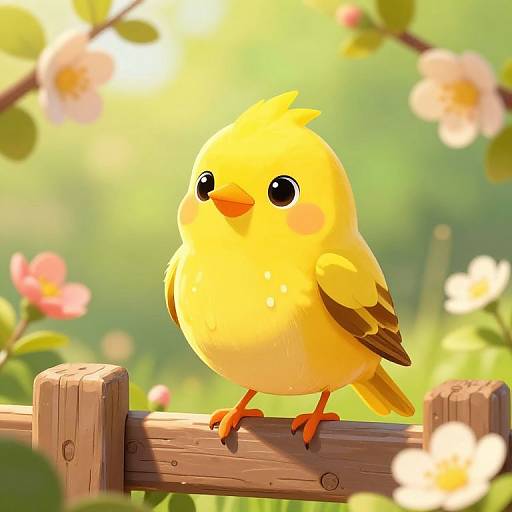 Cute digital illustration of a plump, yellow chick with big black eyes, standing on a wooden fence, surrounded by blooming flowers and bright sunlight