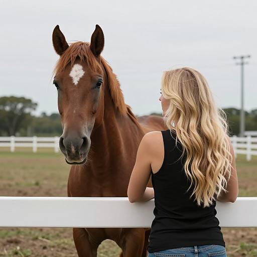 Blonde Woman with Brown Horse by White Fence