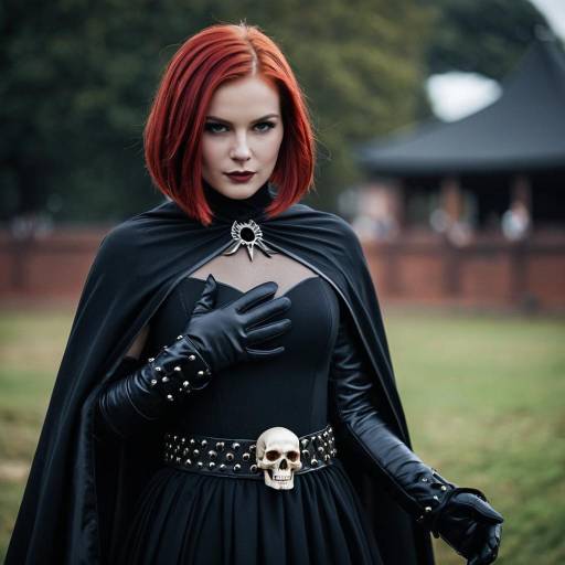 Woman in Evil Fancy Dress Costume with Skull Belt