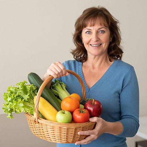 Photograph of a smiling middle-aged woman with brown hair, wearing a blue sweater, holding a basket filled with fresh vegetables and fruits against a white background