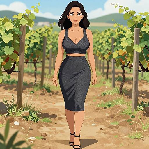 Digital anime-style drawing of a curvy woman with black hair, wearing a black crop top and matching skirt, walking through a vineyard.