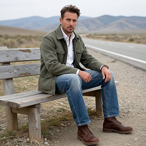 Photograph of a ruggedly handsome man with short brown hair and beard, wearing an olive green jacket, white shirt, blue jeans, and brown boots