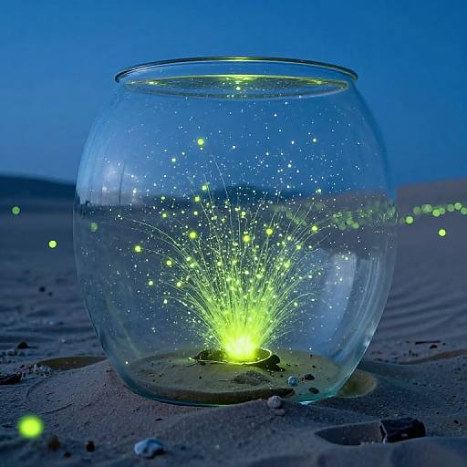 Photograph of a clear glass bowl filled with glowing, yellow-green bioluminescent particles, set on a sandy beach under a blue twilight sky.