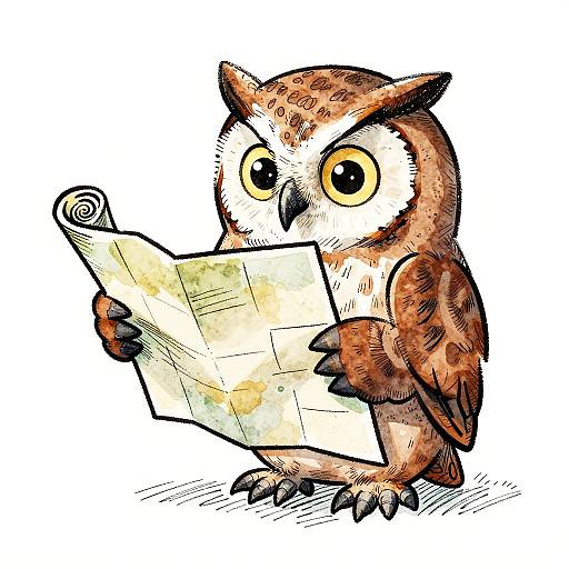 Whimsical Owl with Rolled Map Illustration