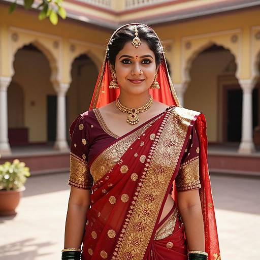 Photograph of an Indian bride in a red and gold embroidered sari, traditional jewelry, and headpiece, standing in a sunlit courtyard with yellow