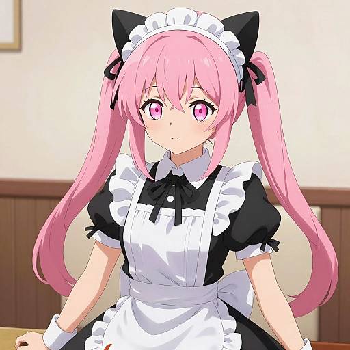 Anime Maid with Pink Twin Drill Hair