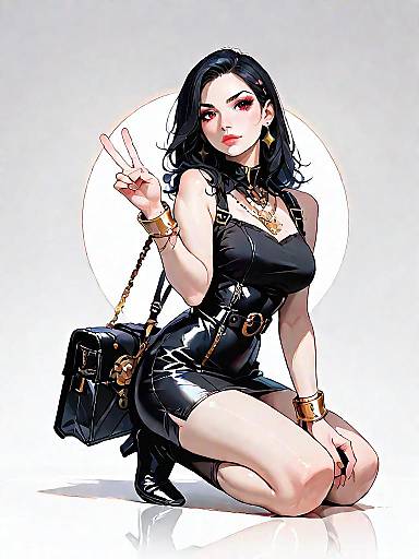 Chic Woman in Black Dress Showing Peace Sign