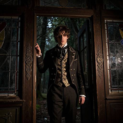 Photograph of a curly-haired man in a black Victorian-style suit with gold embroidery, standing in a dark, ornate wooden doorway.