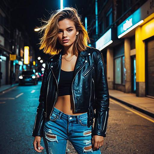 Fashion model in leather jacket on urban street at night