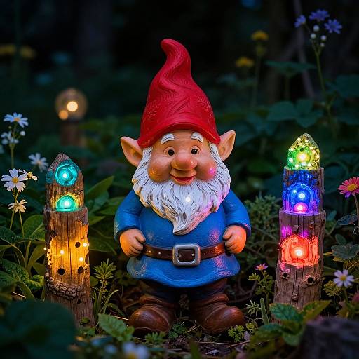 Photograph of a colorful gnome with a red hat, blue shirt, and white beard, standing between two glowing, multicolored wooden posts in a