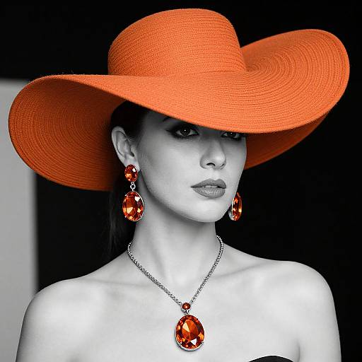 Black-and-white photograph of a woman with striking orange wide-brimmed hat, red gemstone earrings, and matching necklace, against a dark background.