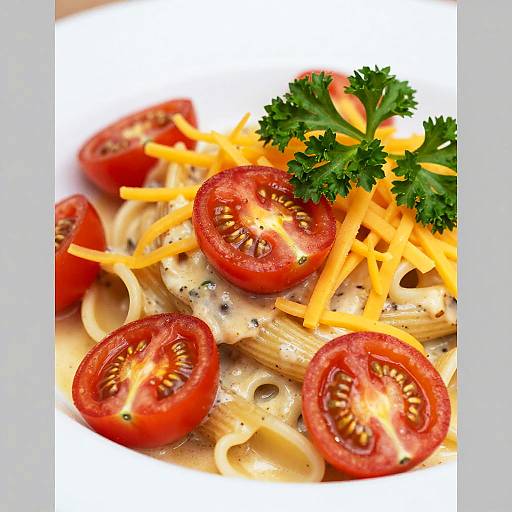 Colorful close-up of pasta with tomato halves, shredded cheddar, and fresh parsley, sprinkled with black pepper, on a white plate.