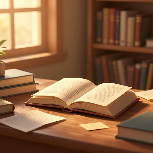 Sunlit wooden desk with open book, stacked books, and papers; warm light from window; bookshelf with colorful books in background.