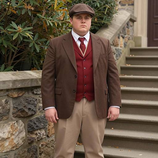 Young Man in Vintage Brown Suit and Red Vest