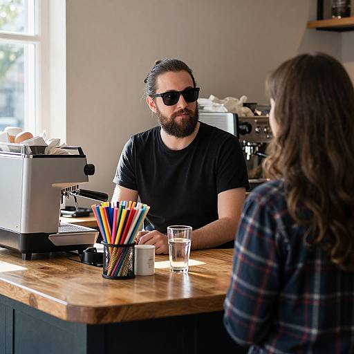 Photograph of a bearded man with dark sunglasses, black t-shirt, and wooden countertop, serving a woman in a plaid shirt. Espresso