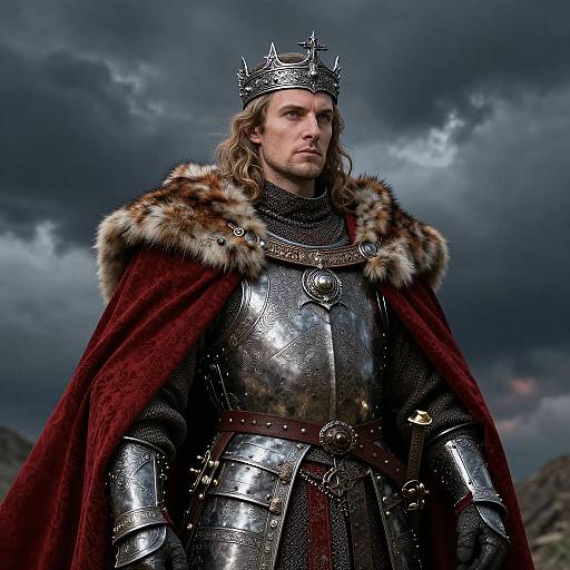 Photograph of a regal, long-haired, blonde king in silver armor, crowned with a spiked crown, wearing a red fur-trimmed cape