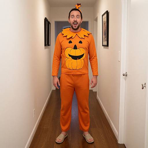 Photograph of a surprised man in an orange pumpkin costume with a large face, standing in a narrow, white-walled hallway.