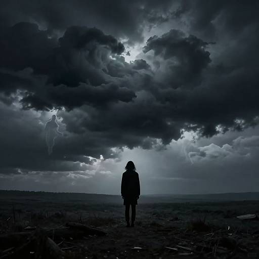 Silhouetted person stands in stormy, dark landscape, facing dramatic sky with lightning and ethereal figure in clouds. Digital art.