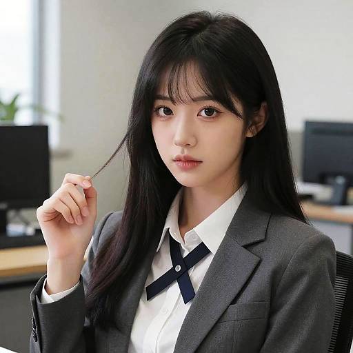 Photograph of an Asian woman with long black hair, wearing a gray blazer and white shirt with black bow tie, holding a hair strand, in