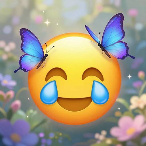 Digital illustration of a yellow smiling emoji with blue teardrops, two purple butterflies on its head, set against a blurred, colorful floral background. Bright