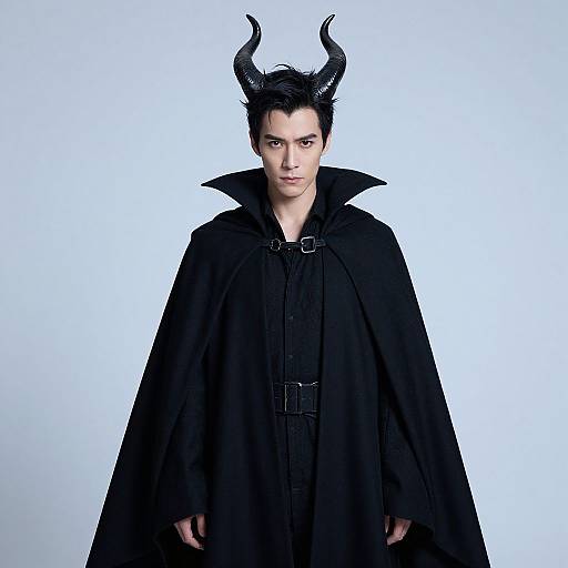 Photograph of a stern-looking man with black horns, wearing a black cloak with a high collar and belt, set against a plain white background.