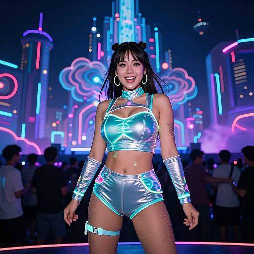 Neon-lit nightclub scene: Asian woman with black hair in futuristic silver crop top and shorts, large hoop earrings, and arm cuffs, smiles confidently