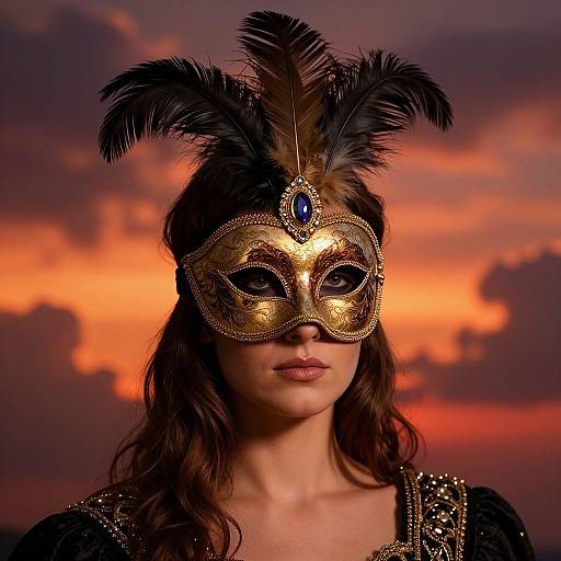 Photograph of a woman with long brown hair, wearing a gold masquerade mask adorned with black feathers and a blue gem, against a vibrant orange