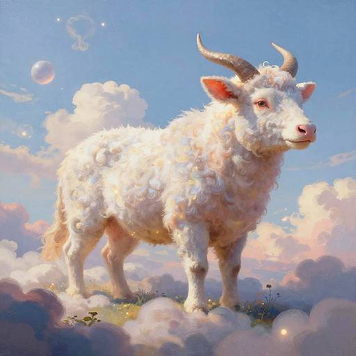 Digital painting of a fluffy white, horned goat standing on a cloud with colorful, fluffy clouds and bubbles in a bright blue sky background.