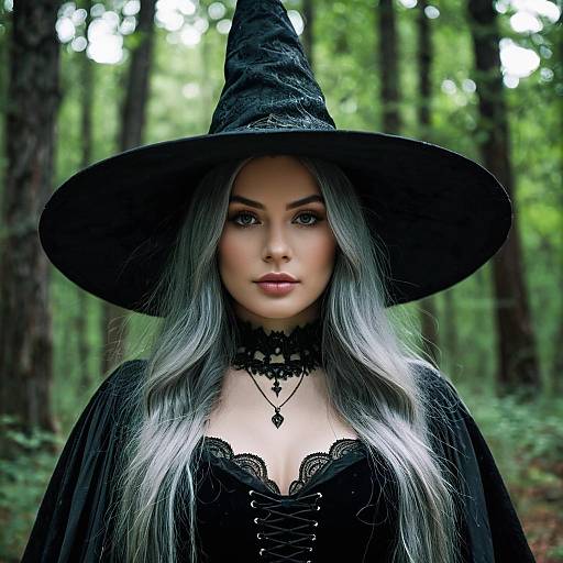 Young Woman in Witch Costume in Forest