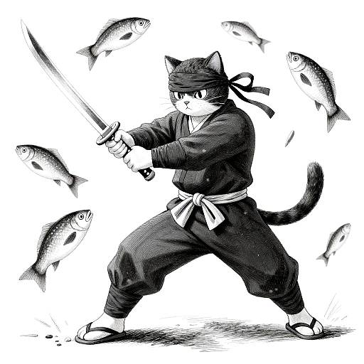 Cross-Hatched Ninja Cat Slicing Flying Fish