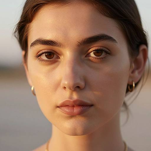 Close-up photograph of a young woman with light olive skin, dark brown eyes, and dark brown hair in a bun, wearing simple gold hoop earrings,