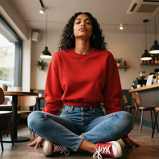 Photograph of a curly-haired woman with medium brown skin, wearing a red sweater, blue jeans, and red sneakers, meditating cross-legged in a