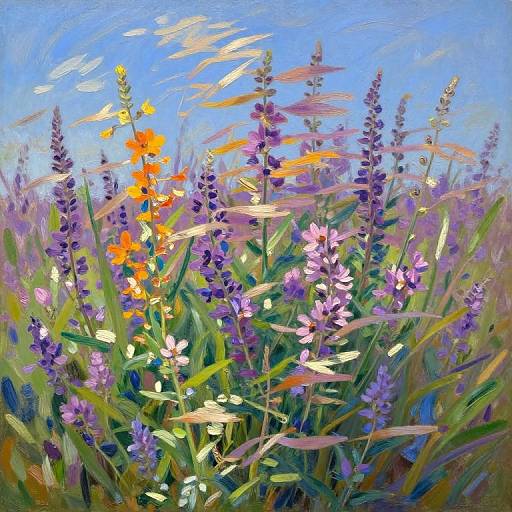 Vibrant oil painting of a field with orange, purple, and pink wildflowers, green grass, and blue sky, with brushstrokes capturing