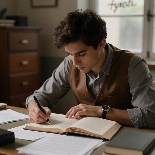Young Man Writing at Dimly Lit Desk