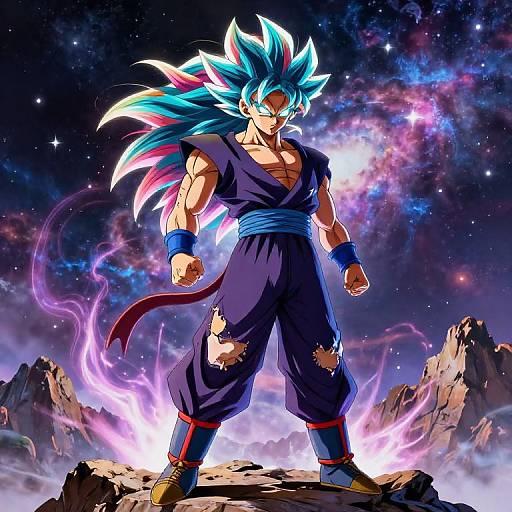 Digital anime artwork of Goku with spiky blue and pink hair, wearing a dark blue gi, standing on a rocky terrain with cosmic background, glowing energy