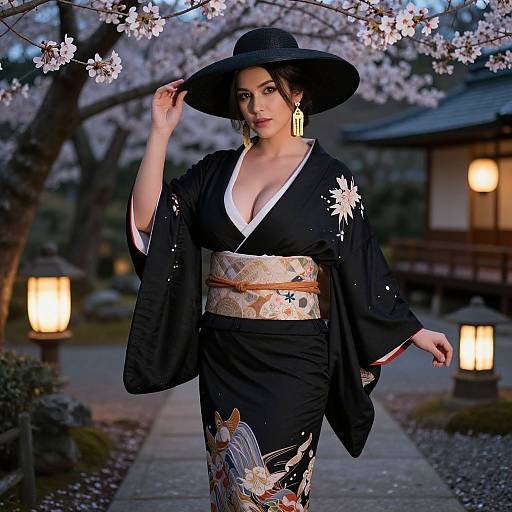 Elegant Woman in Vintage Japanese Garden