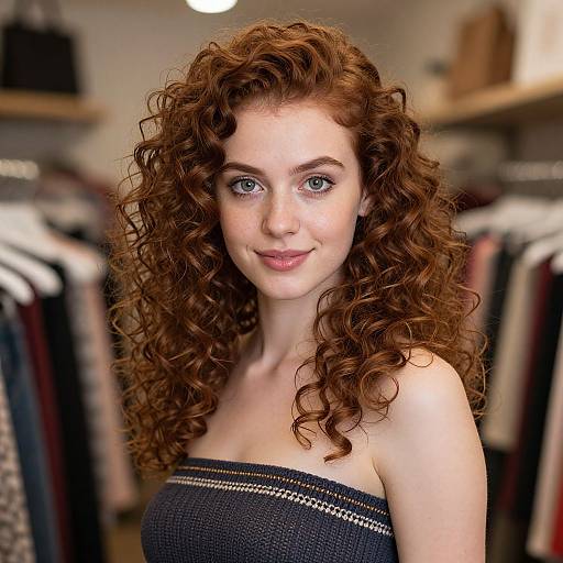 Photograph of a fair-skinned, blue-eyed woman with curly red hair, wearing a black strapless top, standing in a blurred clothing store.