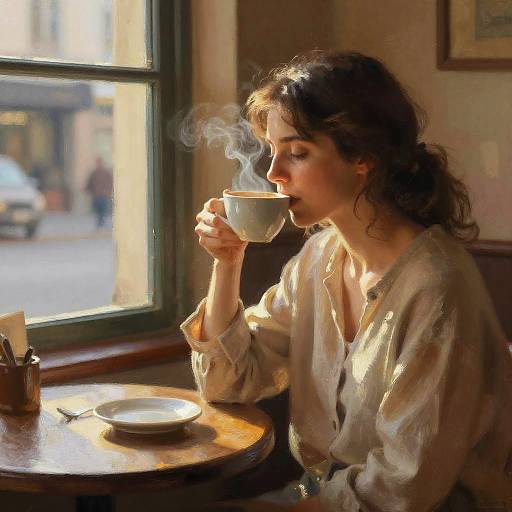 Photograph of a young woman with wavy brown hair, wearing a white button-down shirt, sipping steamy coffee at a sunlit café table