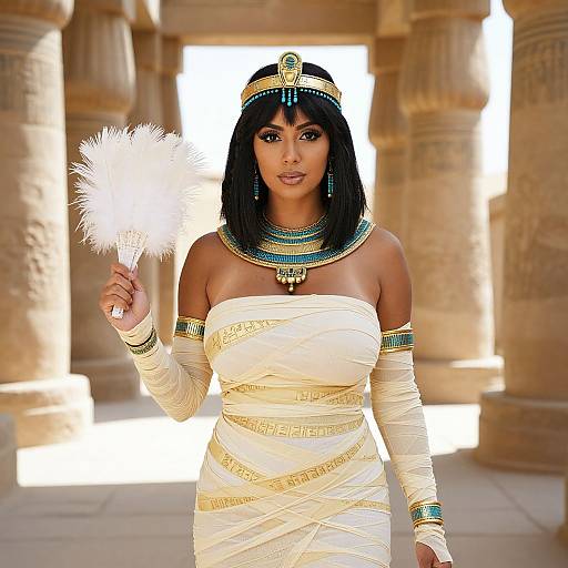 Photograph of an African-American woman with dark skin, black bob hair, wearing an ancient Egyptian-style white dress and jewelry, holding a white feather fan