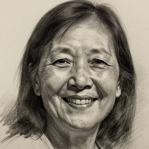 Black and white sketch of smiling middle-aged Asian woman with short, straight hair, detailed facial features, and expressive eyes.