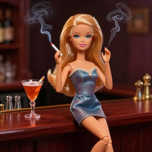 Blonde doll with blue eyes, smoking cigarette, wears sparkly blue dress, sits on bar counter, martini glass with orange drink beside her.