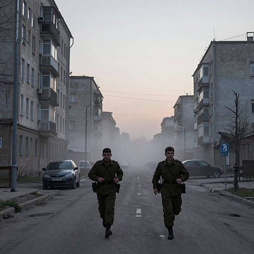 Photograph of two armed soldiers in dark camouflage uniforms running down a foggy, empty urban street at dawn, flanked by parked cars and tall,
