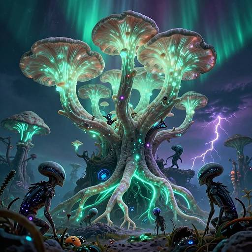 Digital artwork of a glowing, bioluminescent mushroom tree with alien creatures, neon lights, and a lightning bolt in a dark, eerie forest.
