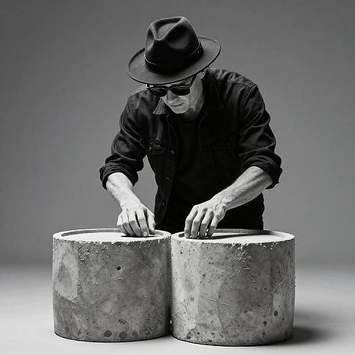 Bald Musician Drumming on Barrels