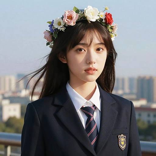 Photograph of an Asian woman with long black hair, wearing a floral crown, black school uniform, and striped tie, against a cityscape background.
