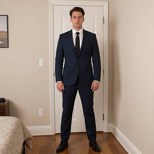 Photograph of a serious-looking man in a black suit, white shirt, and black tie, standing in a beige-walled bedroom.